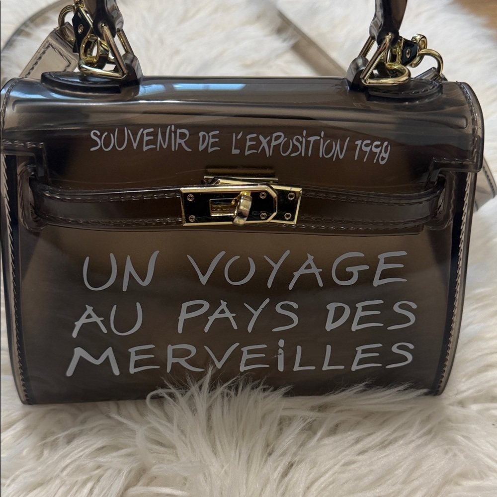 Clear Black Vinyl Crossbody Bag with White Script and Top Handle